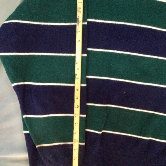LandsEnd 100% English Wool Navy sweater with green horizontal stripes - Picture 2 of 5